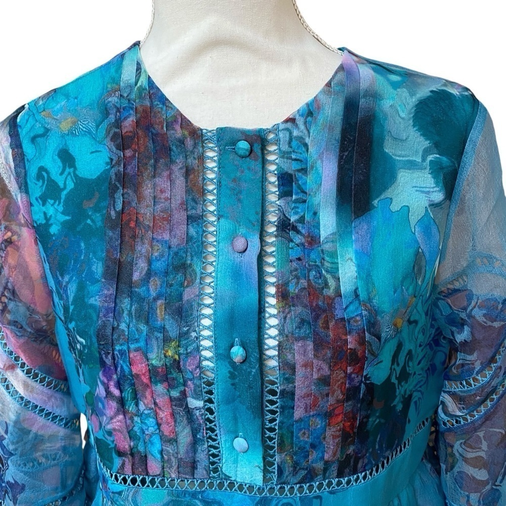 Cynthia Rowley Watercolor Hourglass Dress S Turquoise Organza Lace Mini Dress - Picture 5 of 16